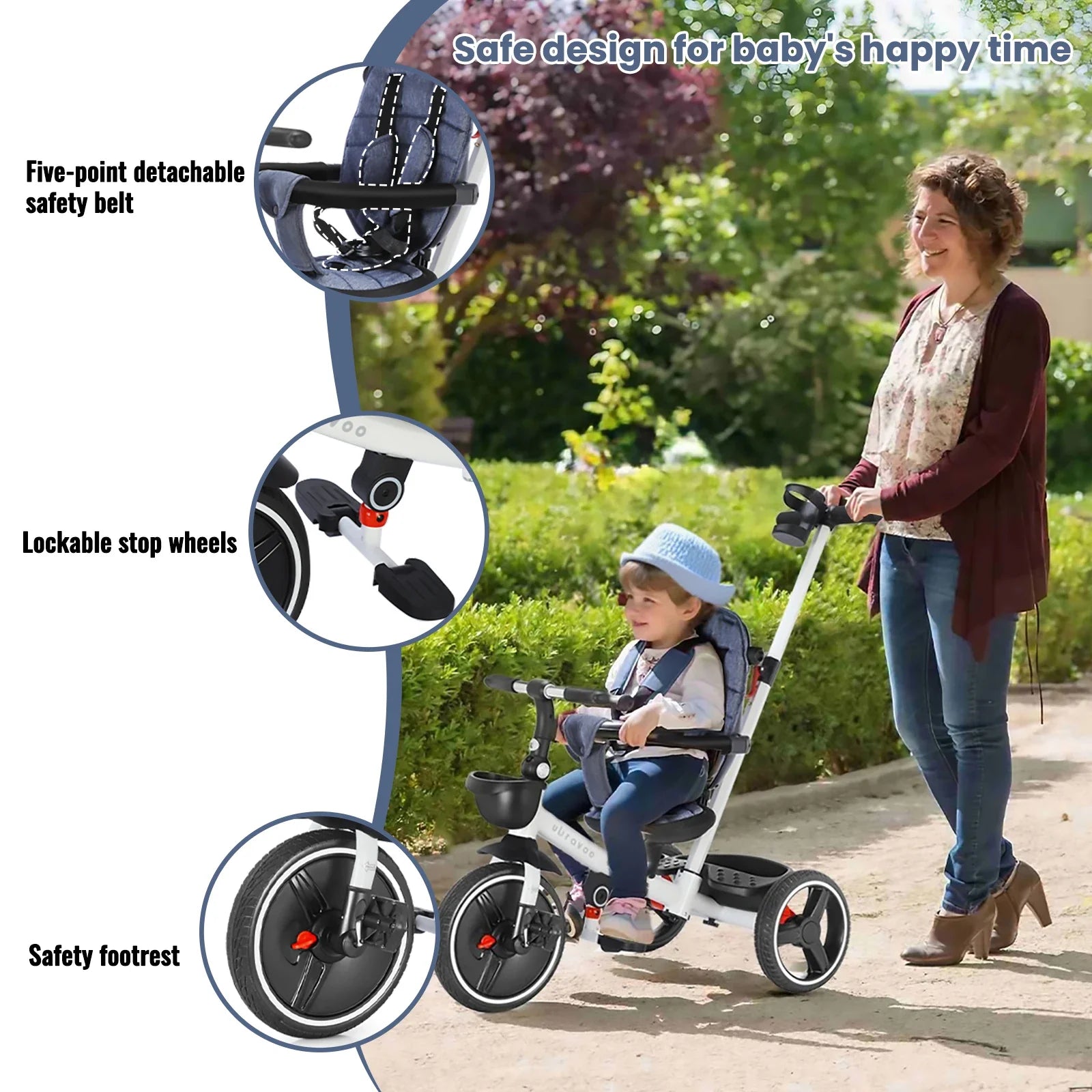 Child stroller trike with adjustable parent handle, canopy & safety harness for infants