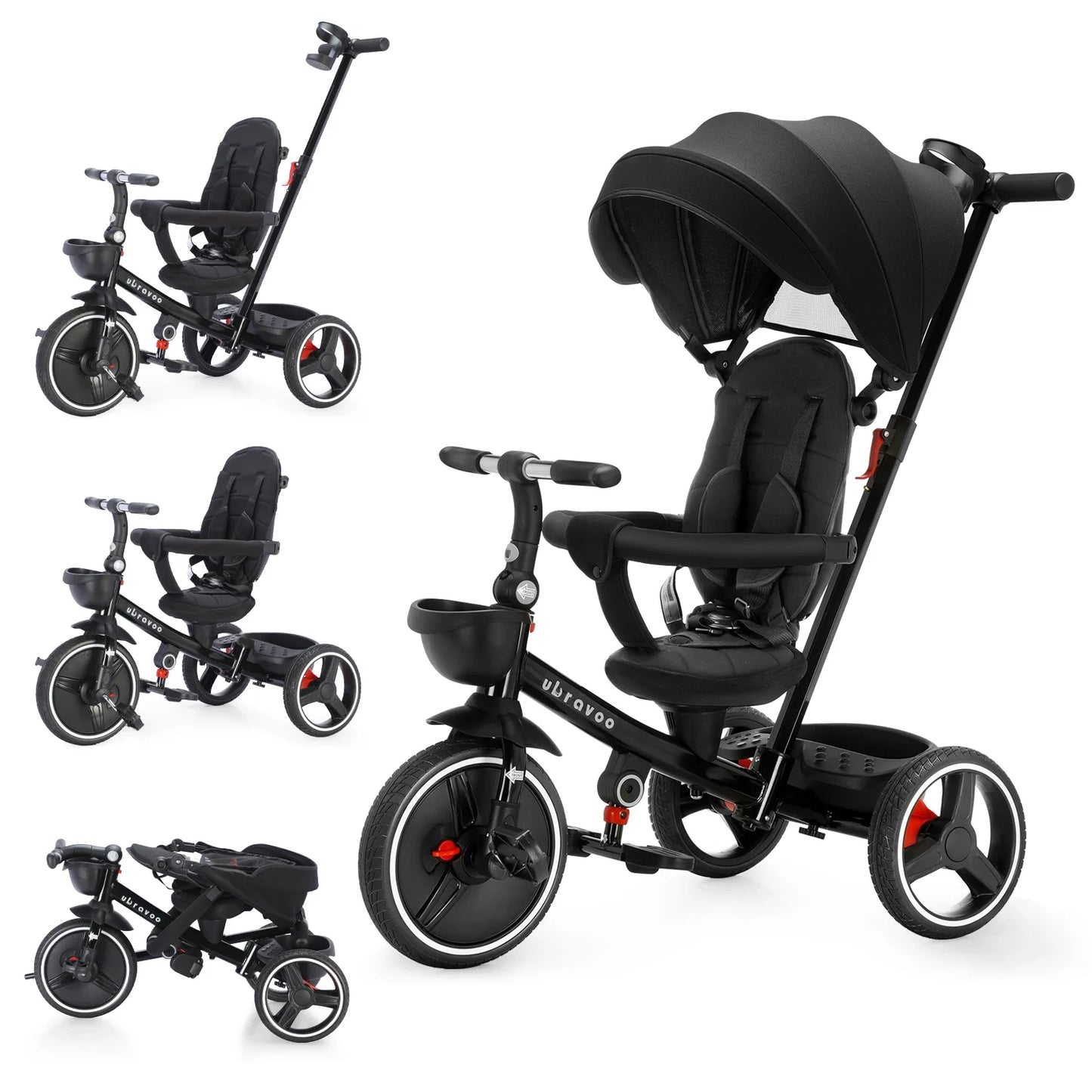Multi-stage kids tricycle with parent handle, canopy, safety harness for growing toddlers