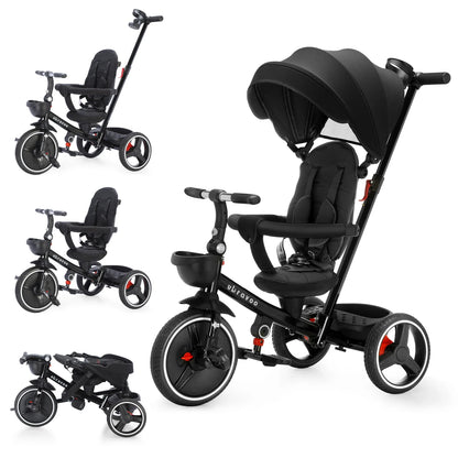 Multi-stage kids tricycle with parent handle, canopy, safety harness for growing toddlers