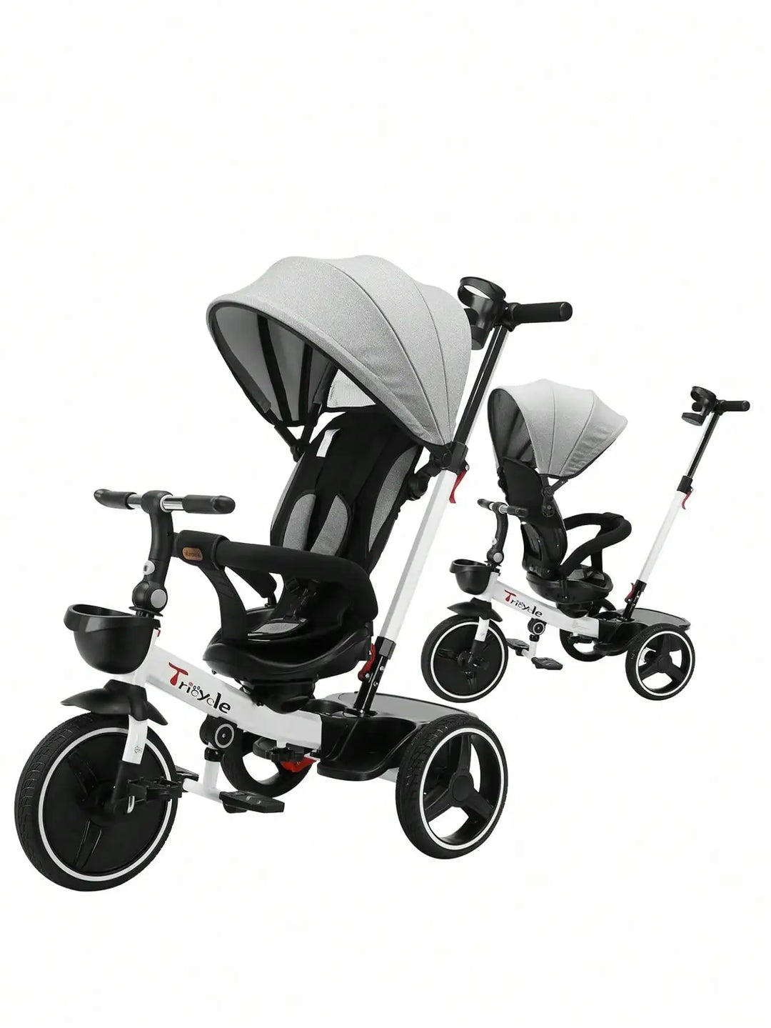 Kids' 6-in-1 Grow-with-Me Tricycle Stroller with parent handle, black, in a park setting