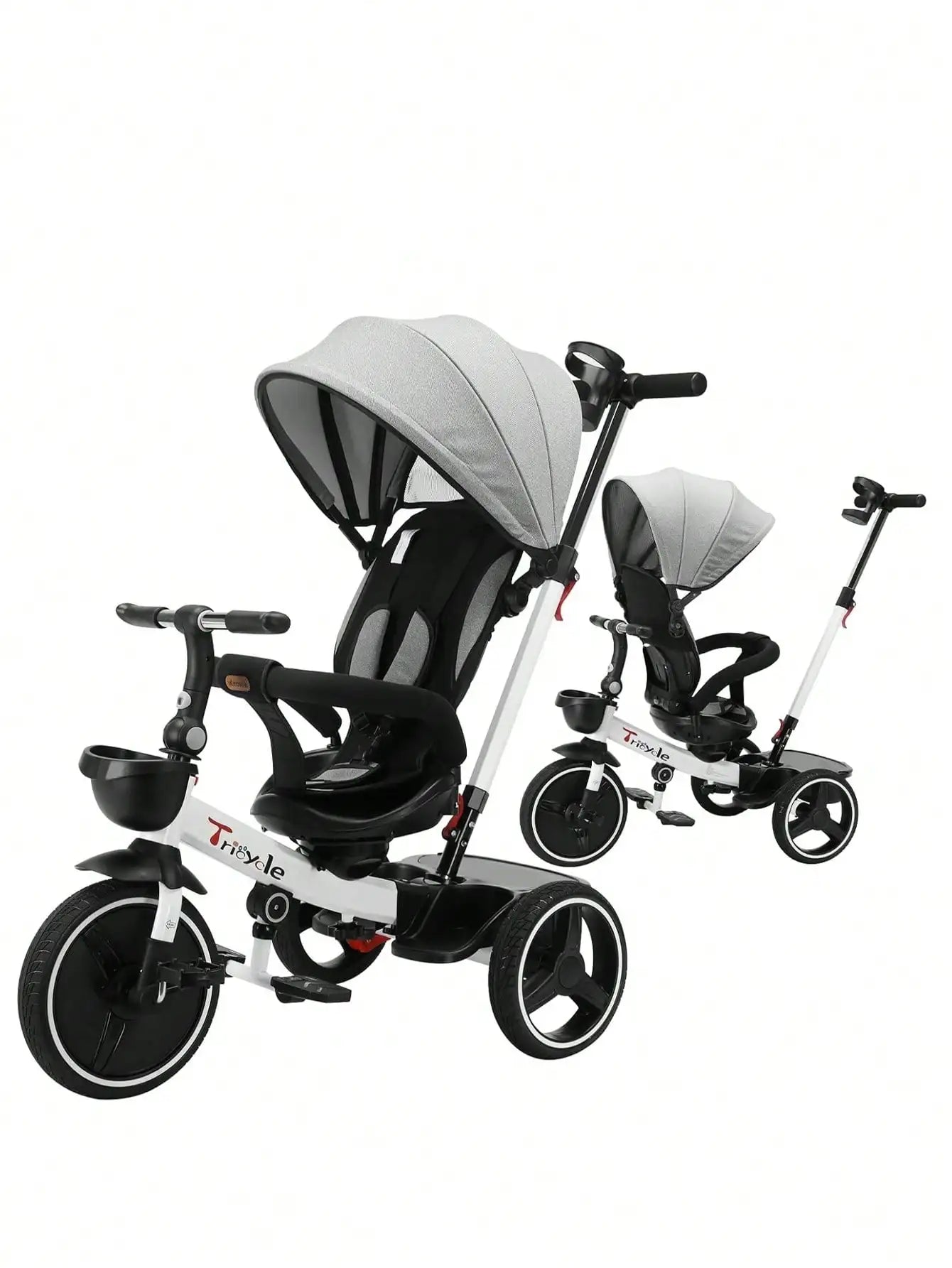 Kids' 6-in-1 Grow-with-Me Tricycle Stroller with parent handle, black, in a park setting