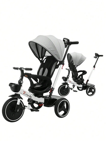 Kids' 6-in-1 Grow-with-Me Tricycle Stroller with parent handle, black, in a park setting