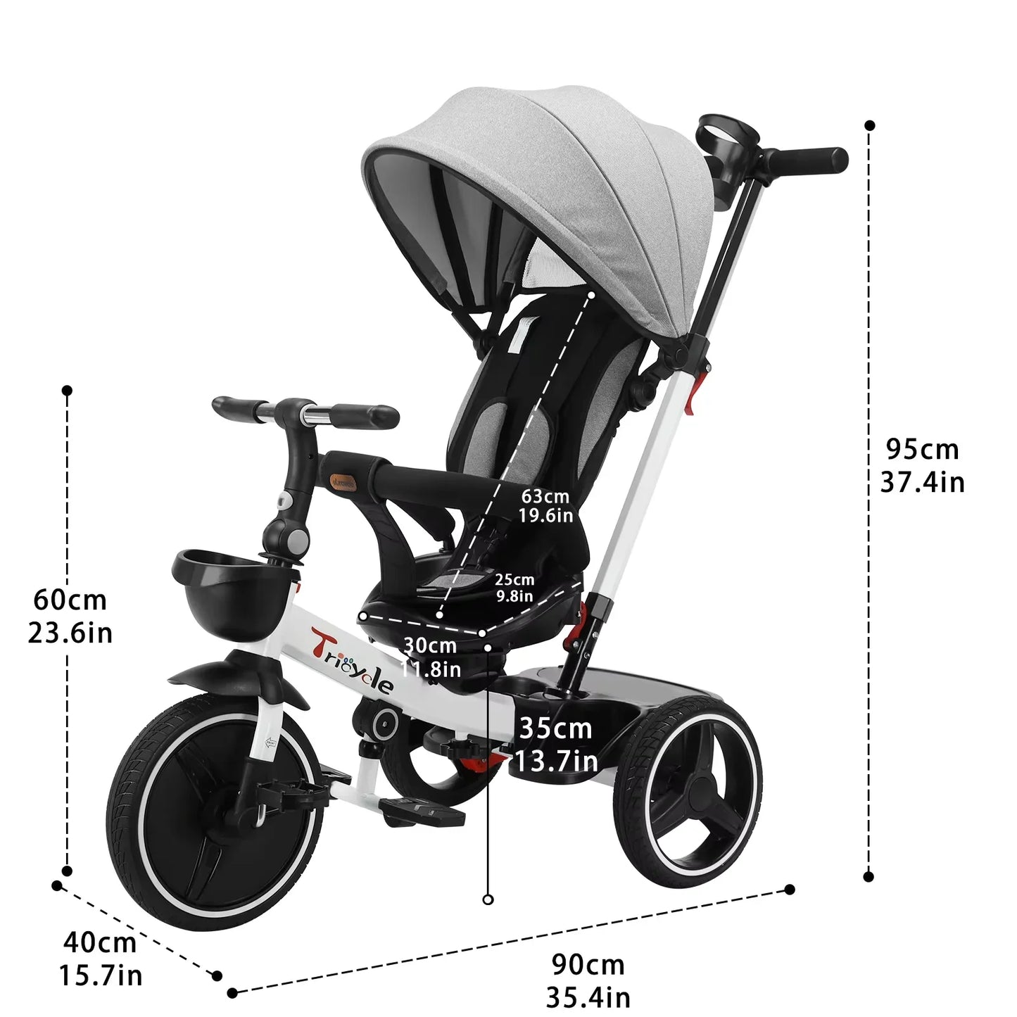 Toddler riding a black 6-in-1 Grow-with-Me Tricycle Stroller with parent push handle, outdoor play