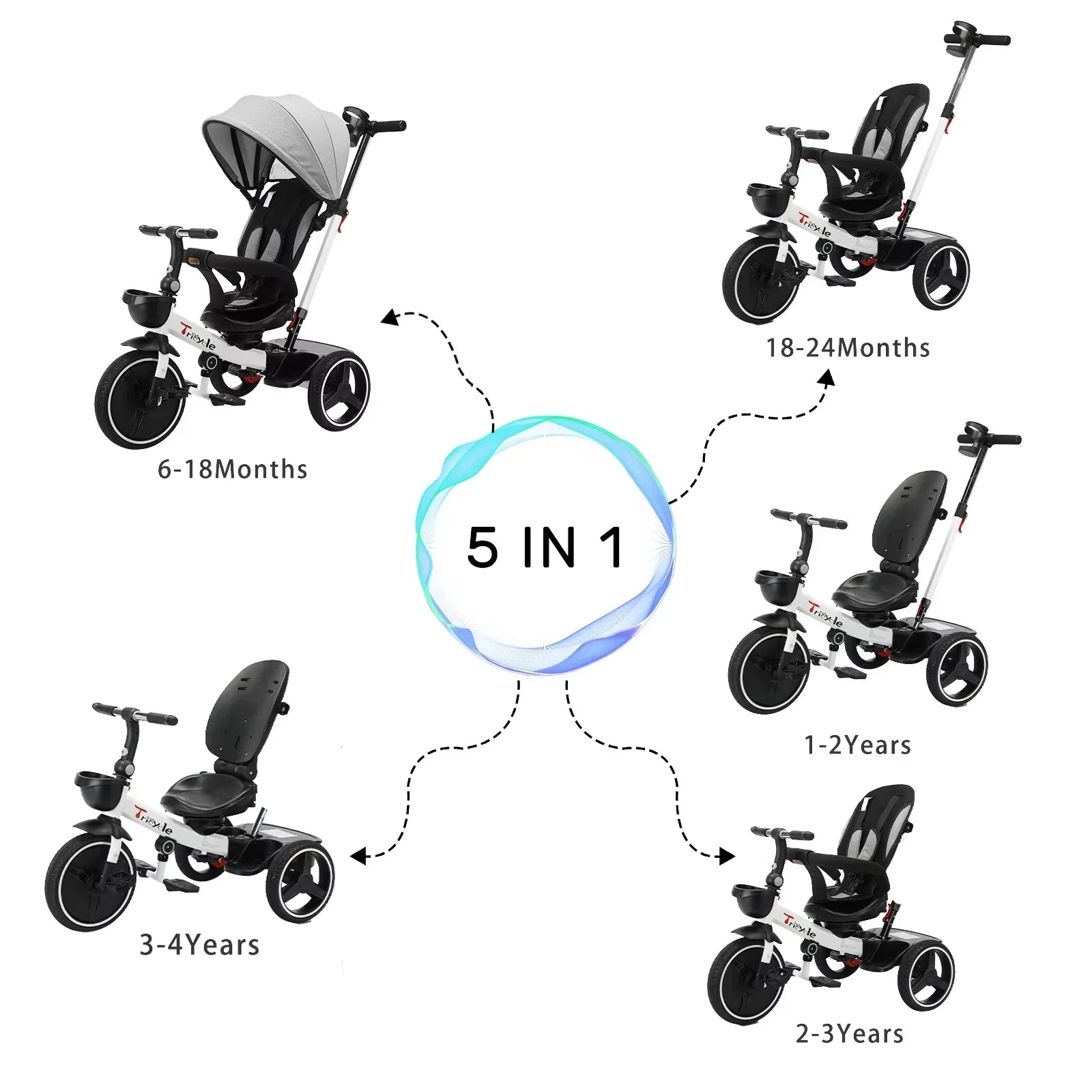 Close-up of the black 6-in-1 Grow-with-Me Tricycle Stroller showing child safety harness and parent control
