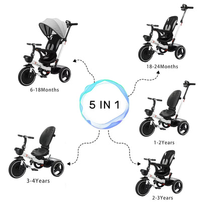 Close-up of the black 6-in-1 Grow-with-Me Tricycle Stroller showing child safety harness and parent control