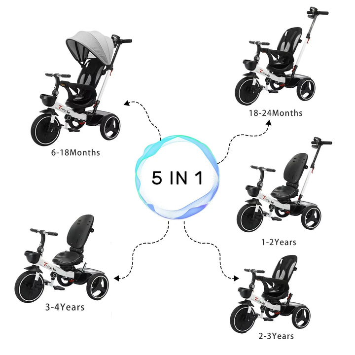 Close-up of the black 6-in-1 Grow-with-Me Tricycle Stroller showing child safety harness and parent control