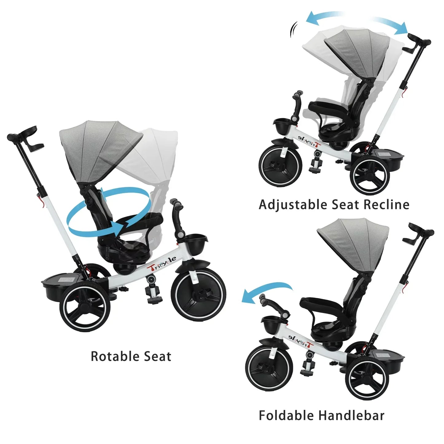 Transformable black kids' tricycle stroller with detachable parent handle, suitable for different ages