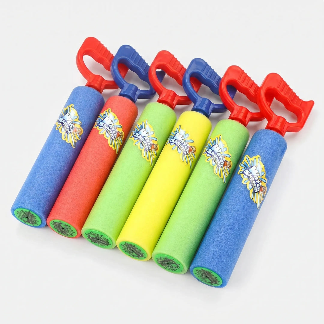 Colorful 6-pack of soft foam water blasters for kids. Ideal outdoor play toys, summer fun, beach, and pool games.