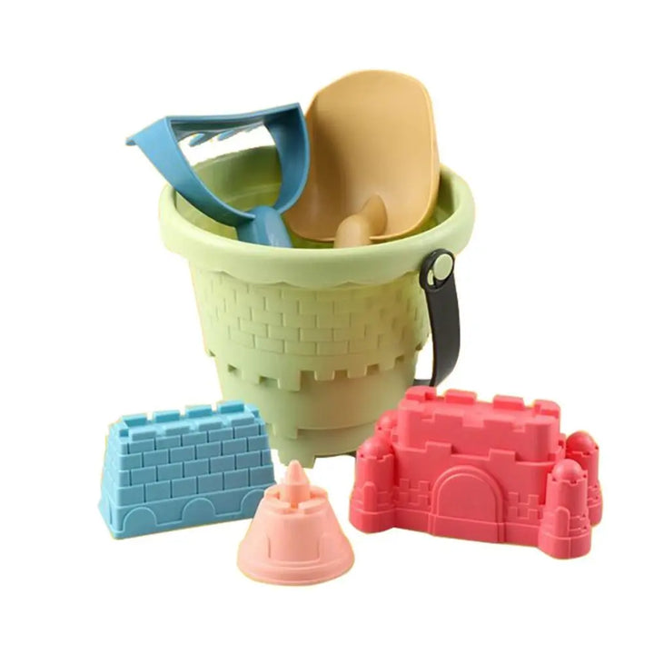 Assorted sand molds in blue, green, and pink from a kids' 6-piece beach toy set, summer gifts