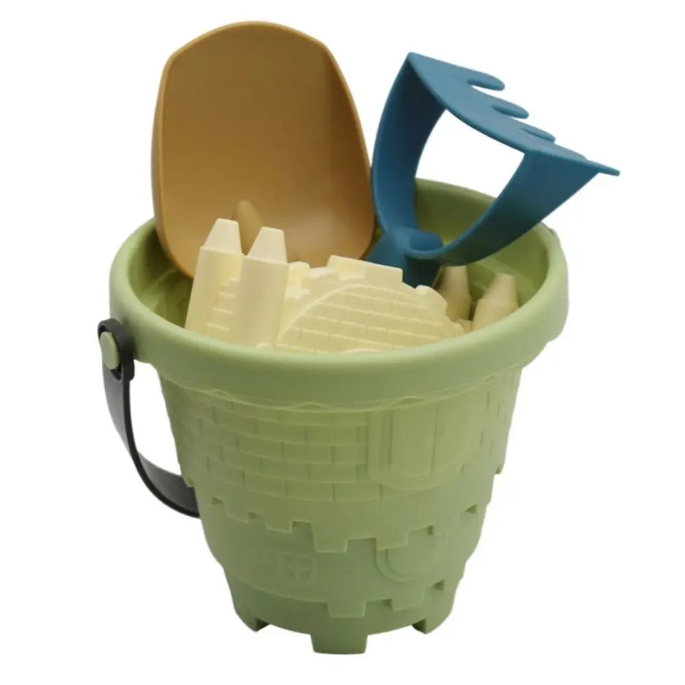 Durable kids' outdoor play set with a pink bucket, shovels, and animal-shaped sand molds