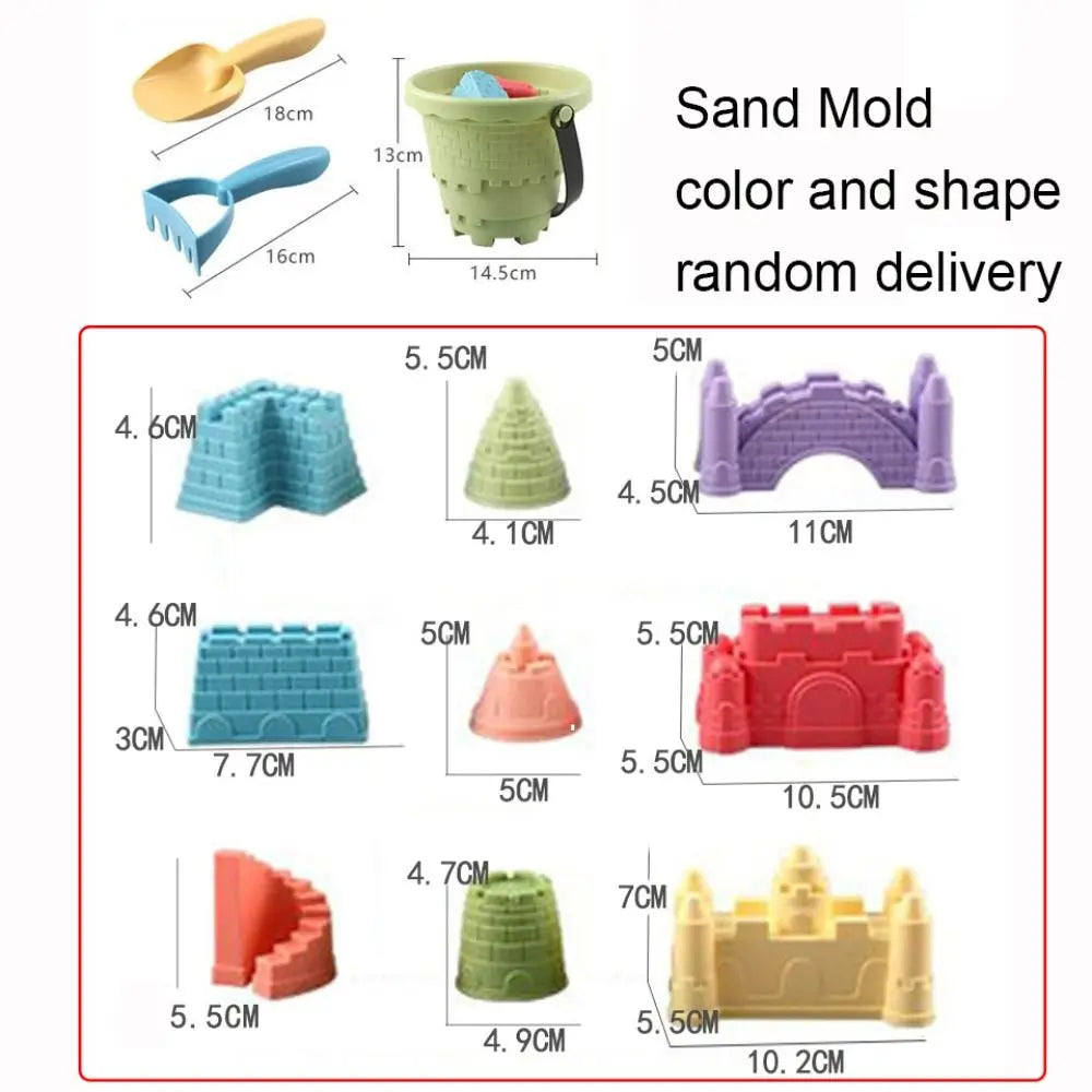 Complete 6-piece sandcastle kit for children, including a bucket, spade, and unique molds