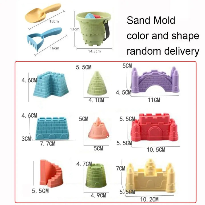 Complete 6-piece sandcastle kit for children, including a bucket, spade, and unique molds