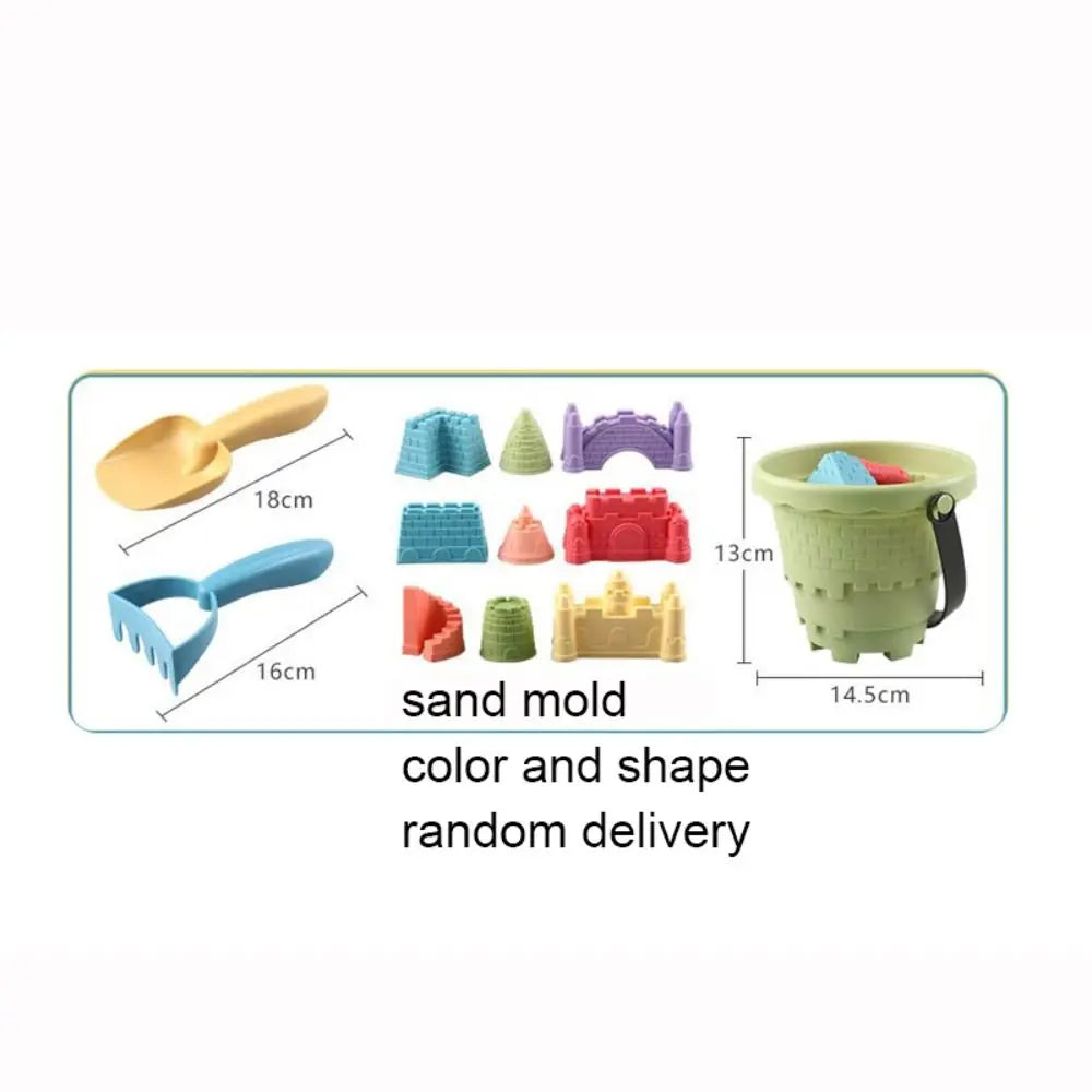 Colorful children's beach toys, a 6-piece set with pink, blue, and green sand tools