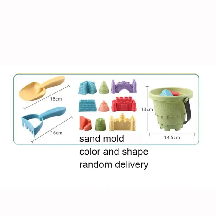 Colorful children's beach toys, a 6-piece set with pink, blue, and green sand tools