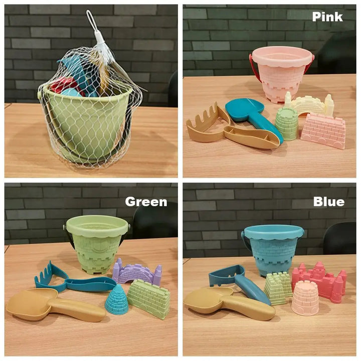 Summer fun sand toy set for toddlers, with a bucket, sieve, and various sand building molds