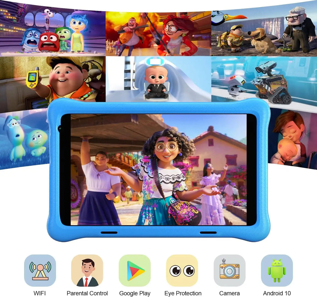 Child-friendly 8-inch Android tablet featuring parental controls & blue light eye protection for safe learning.