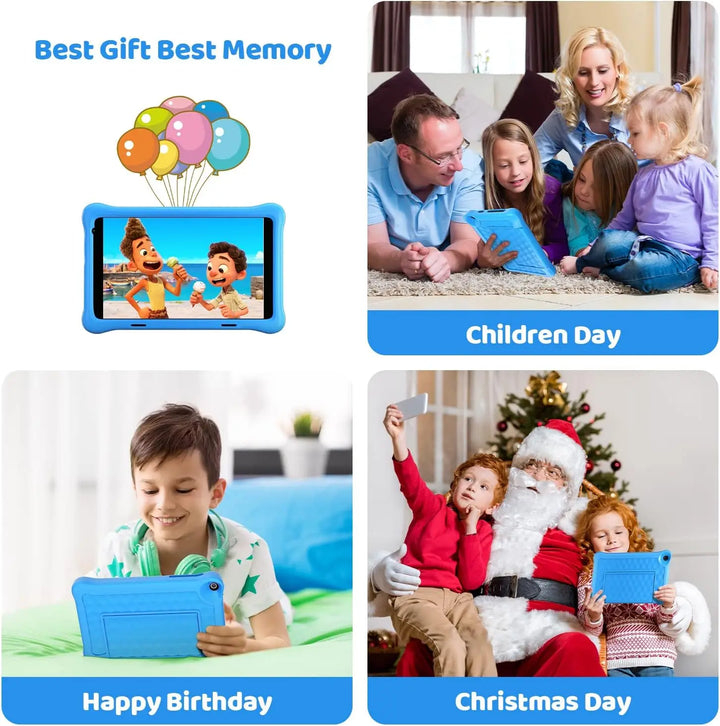 Vibrant blue 8-inch learning tablet for kids, a safe Android device with robust parental controls.