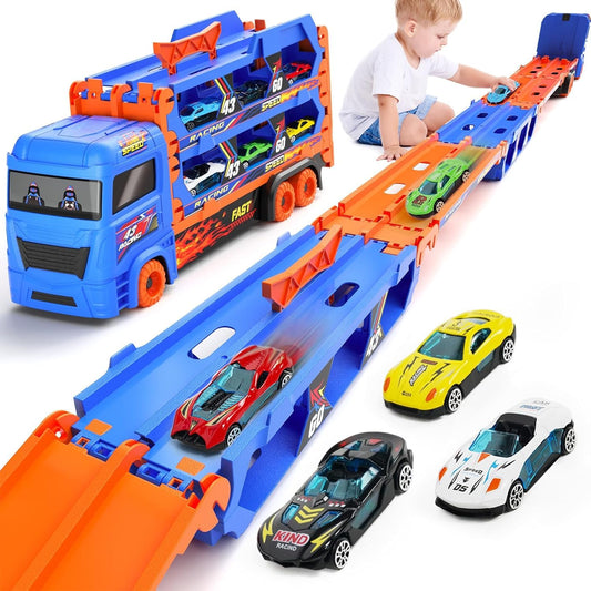 Kids' 9-in-1 transformable toy truck with dual racing tracks, car transporter mode, vibrant colors