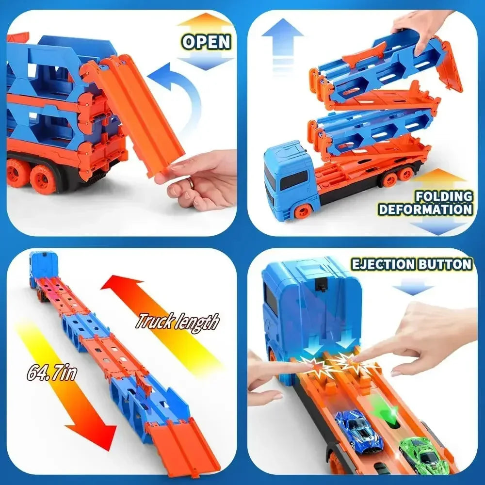 Educational kids' toy truck transforming into a racing set with two lanes, perfect for playful action