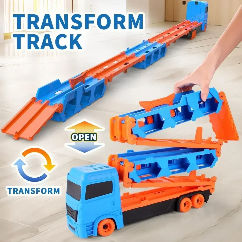 Multi-functional toy truck for kids, featuring 9 transformations and dual racing tracks for toy cars