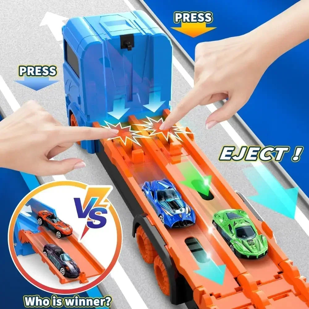 Children's action toy: a large car transporter truck that converts into an exciting racing track set