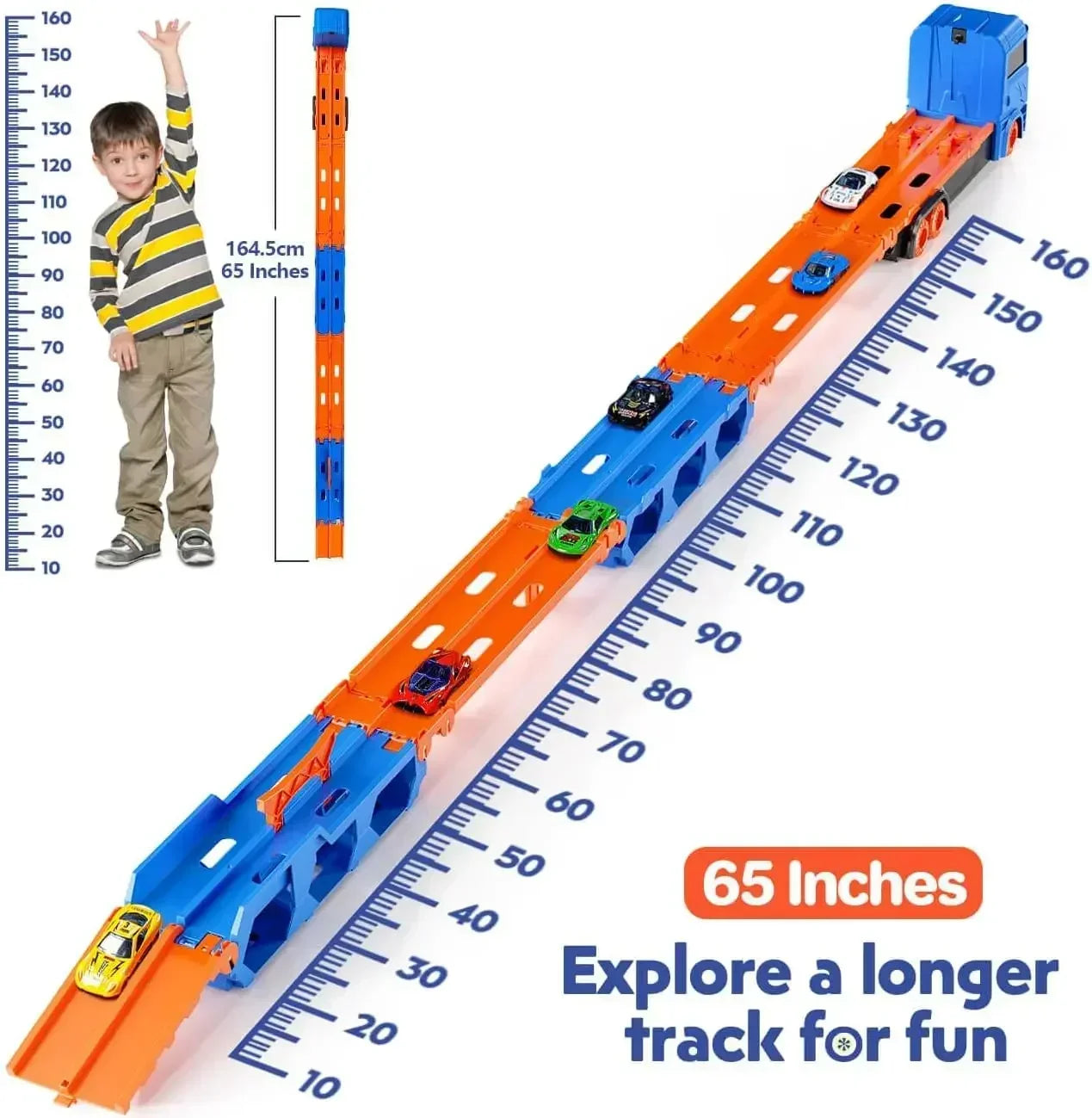 Kids' play set: a unique toy truck that unfolds into dual racing tracks for endless imaginative play