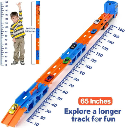 Kids' play set: a unique toy truck that unfolds into dual racing tracks for endless imaginative play
