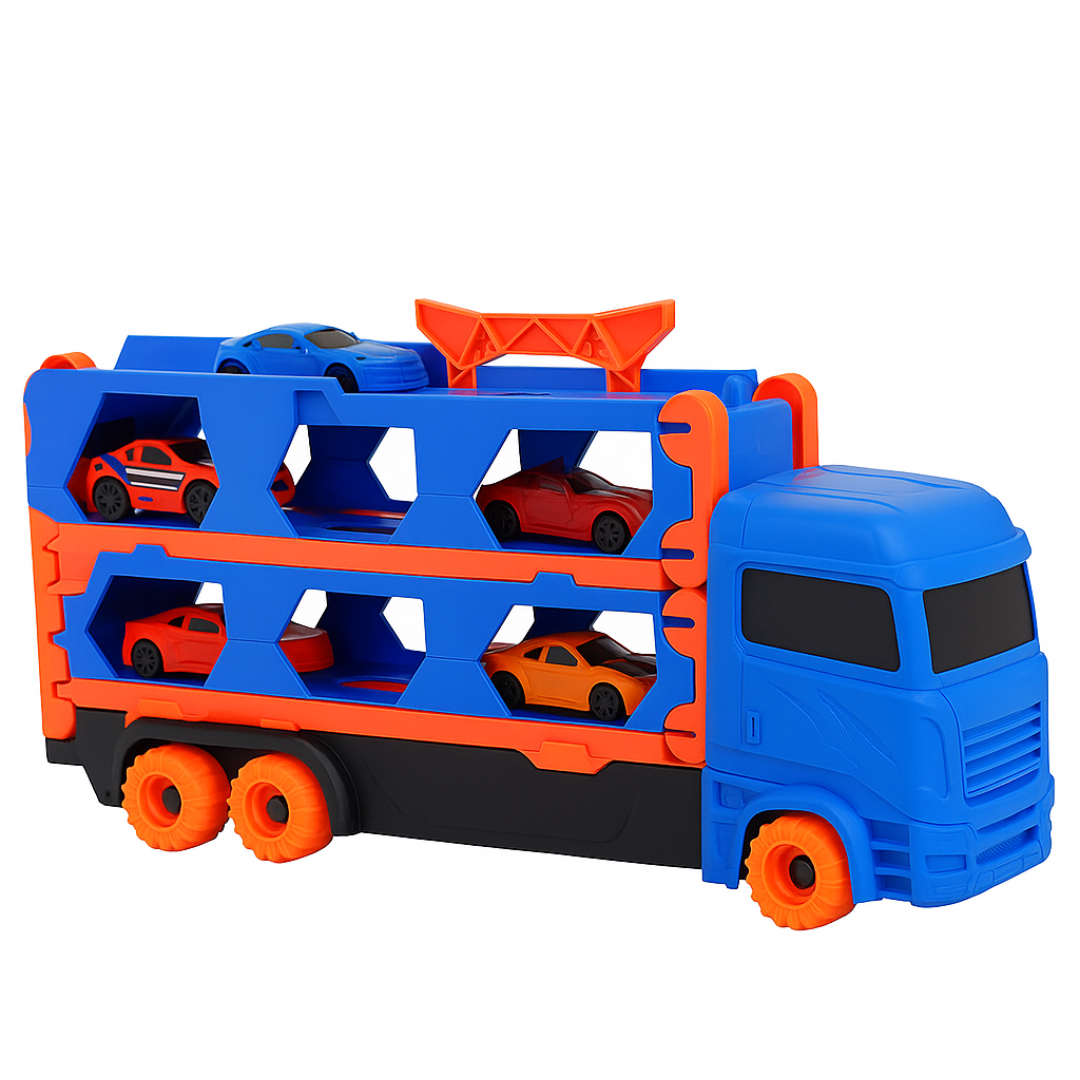 Detailed view of the 9-in-1 transformable toy truck and racing set, showcasing its interactive features