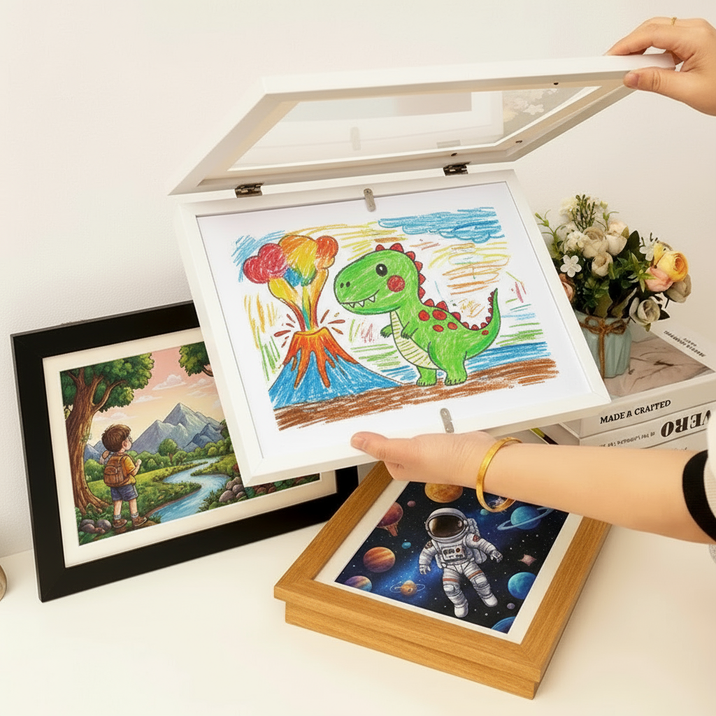 Kids' A4 reusable art display frame, easy-open front, wood-look, perfect for changing children's artwork