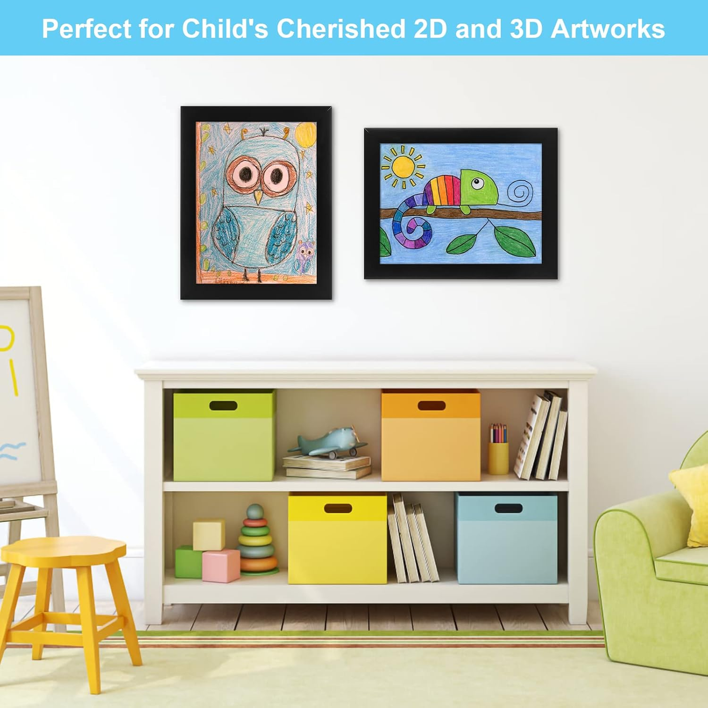 Reusable A4 art display frame, featuring a simple front-opening mechanism for kids to swap art