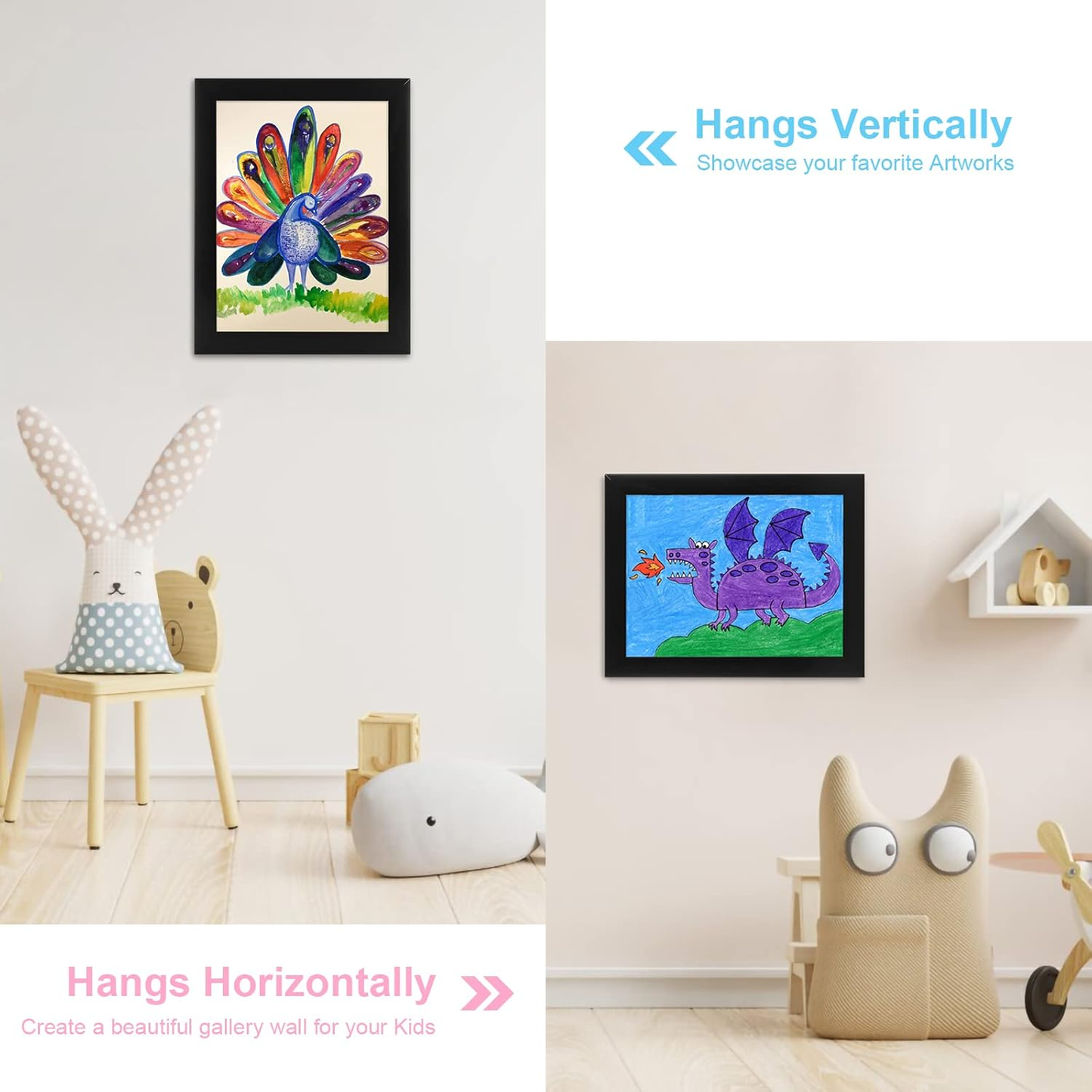 A4 art frame for children's drawings, durable wooden construction with an easy-access front