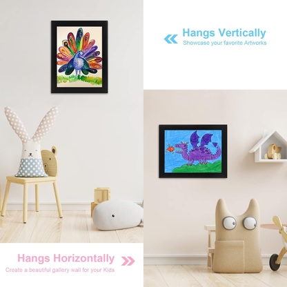 A4 art frame for children's drawings, durable wooden construction with an easy-access front