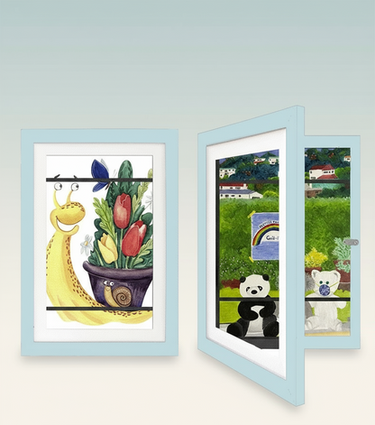 Gallery-style A4 art display frame, front-loading design for hassle-free updates to kids' artwork
