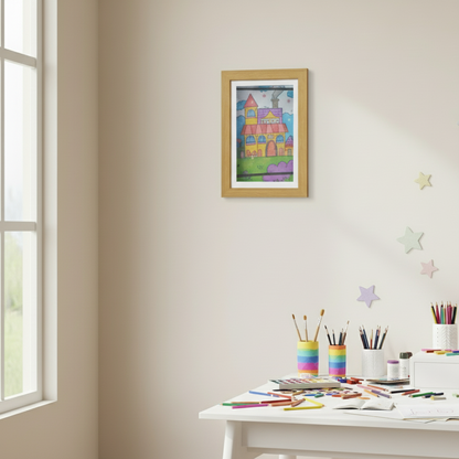 Kids' artistic display solution: A4 wooden frame with easy magnetic front for quick art changes