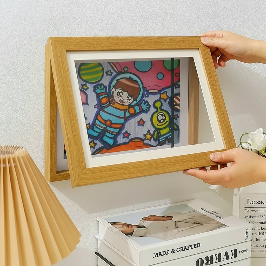 Quick change A4 art frame for kids, wooden finish, keeps their latest masterpiece proudly on display