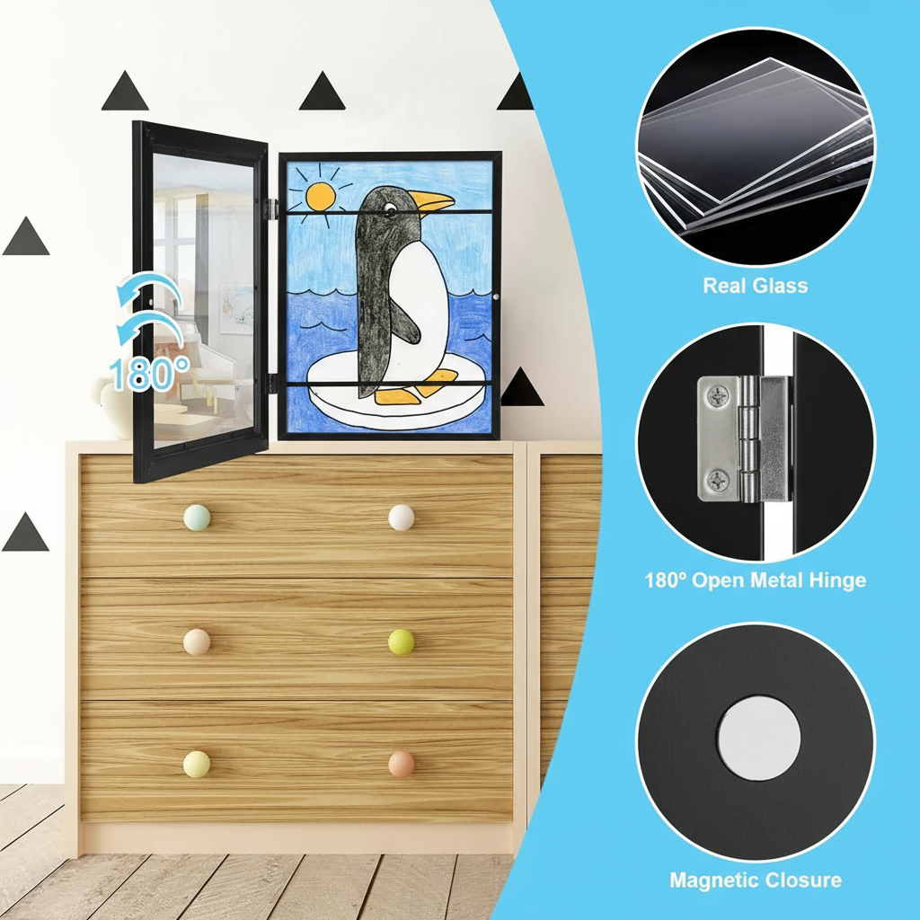 Easy access A4 picture frame, ideal for displaying children's drawings, reusable art gallery for home