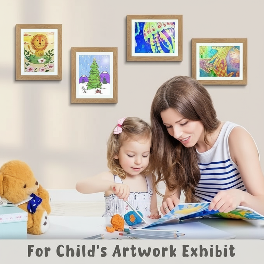 Child-friendly A4 art display frame, front-loading quick change feature, wooden home decor for kids' art