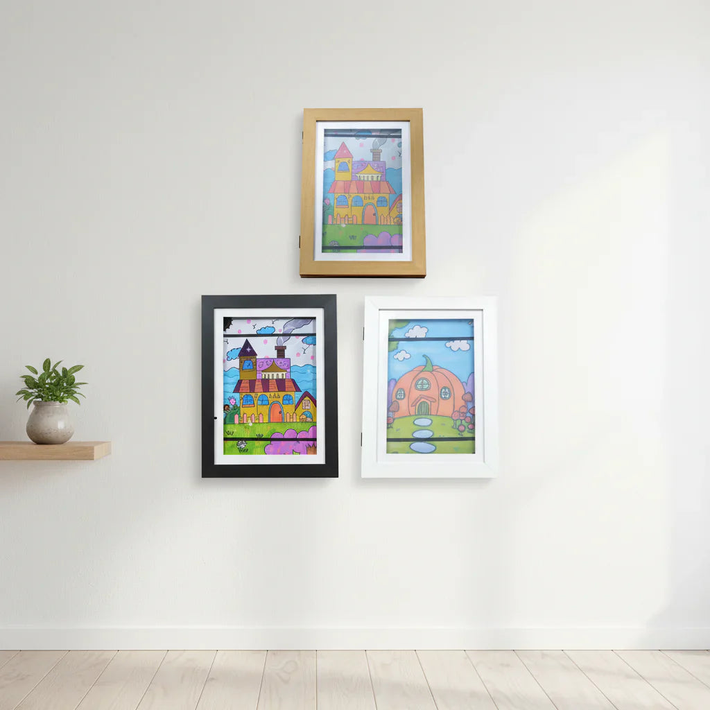 A4 kids' art frame with an innovative easy-open front, promoting independence in displaying creations
