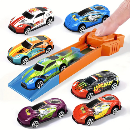 Kids' Action Track Launcher playset with toy car, stimulating motor skills and active play for children.