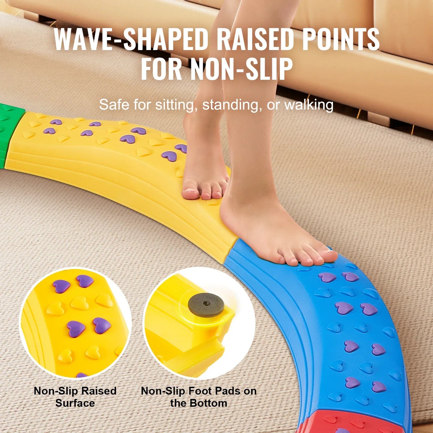 Close-up of a sturdy children's balance beam, ideal for indoor or outdoor coordination practice