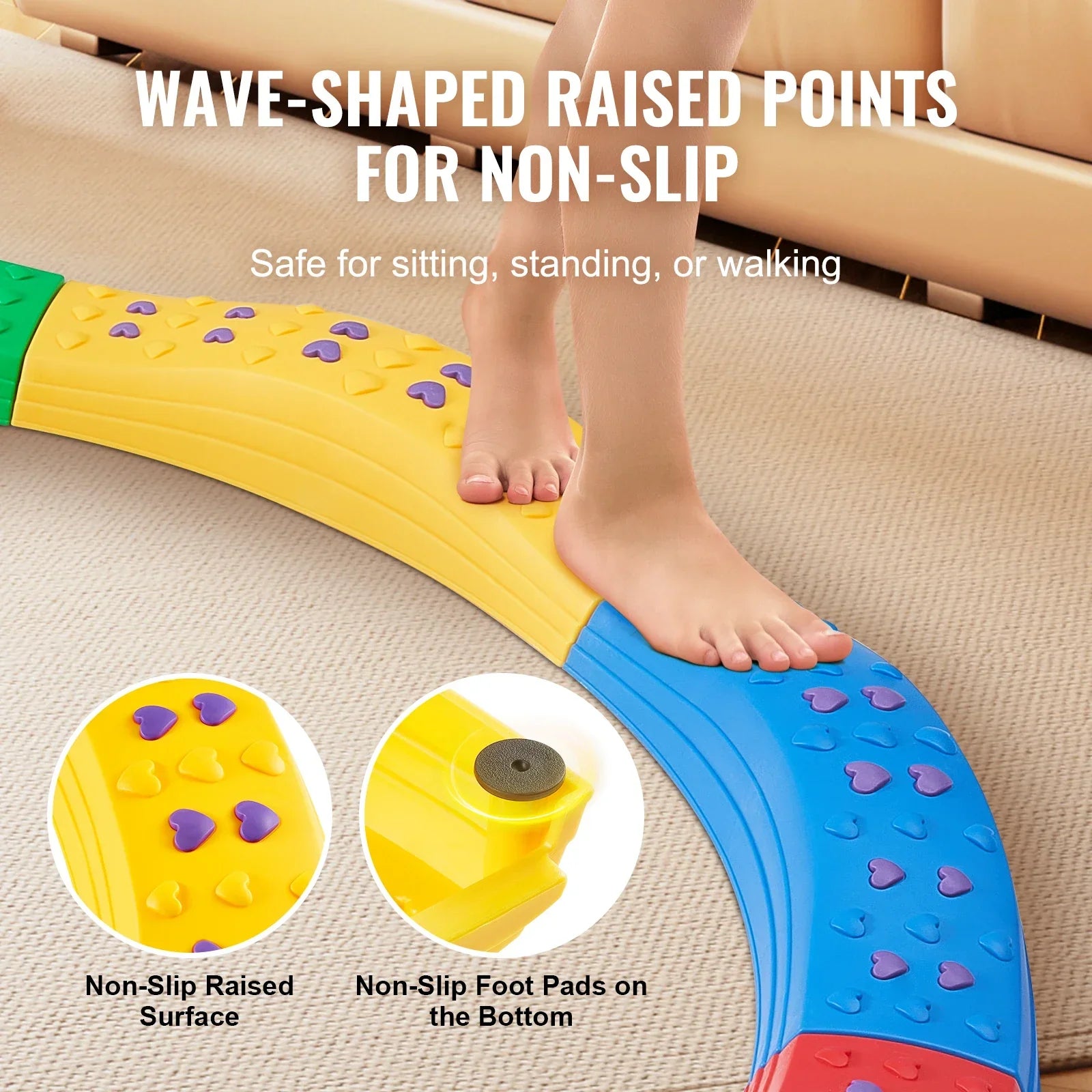 Close-up of a sturdy children's balance beam, ideal for indoor or outdoor coordination practice