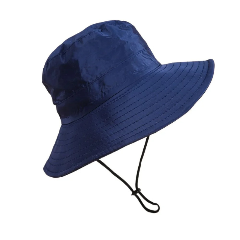 Two kids' UV protection sun hats, one beige & one blue, with adjustable straps for comfortable fit, essential outdoor accessory