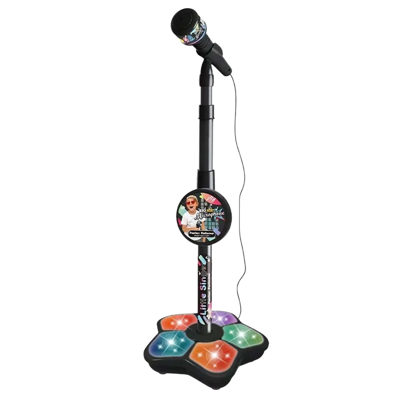 Child singing into an adjustable musical toy microphone with bright lights