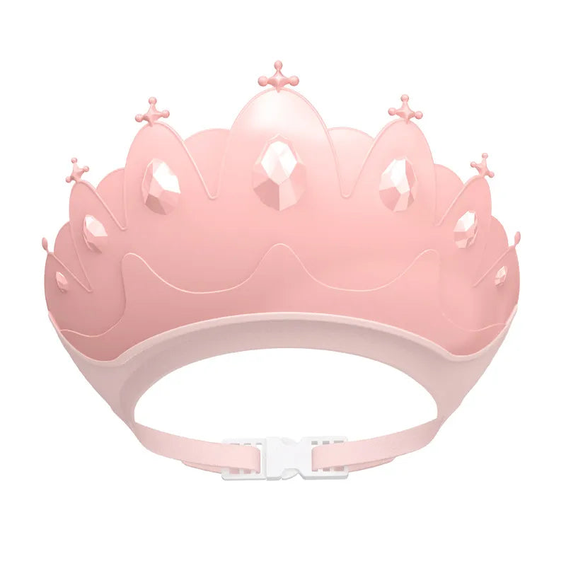 Kids adjustable shower cap with cute yellow cartoon crown, perfect for tear-free baby bathing fun.