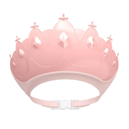 Kids adjustable shower cap with cute yellow cartoon crown, perfect for tear-free baby bathing fun.