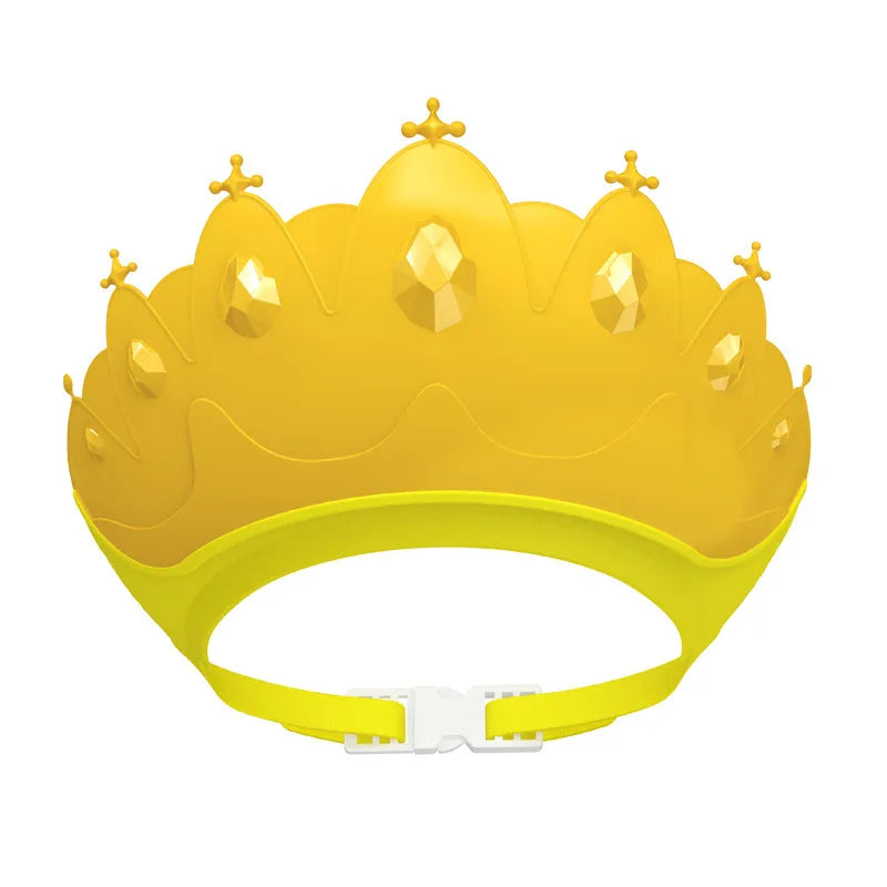 Baby bathing essential: an adjustable kids shower cap with a charming blue cartoon crown, soft silicone.