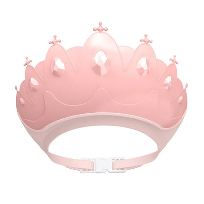 Kids shower cap, adjustable purple silicone with a cute cartoon crown, making bath time enjoyable.