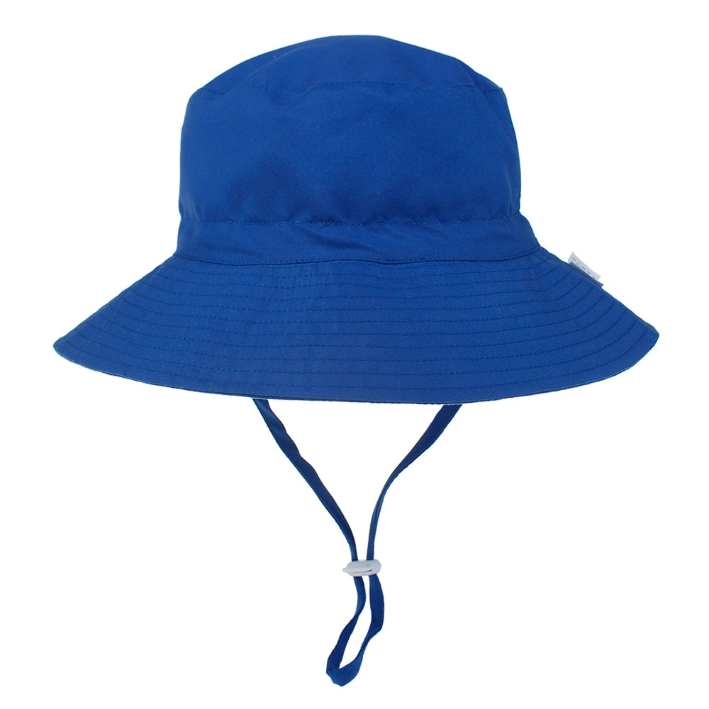 Toddler wide brim sun hat, striped blue and white, adjustable sizing, breathable for UV protection