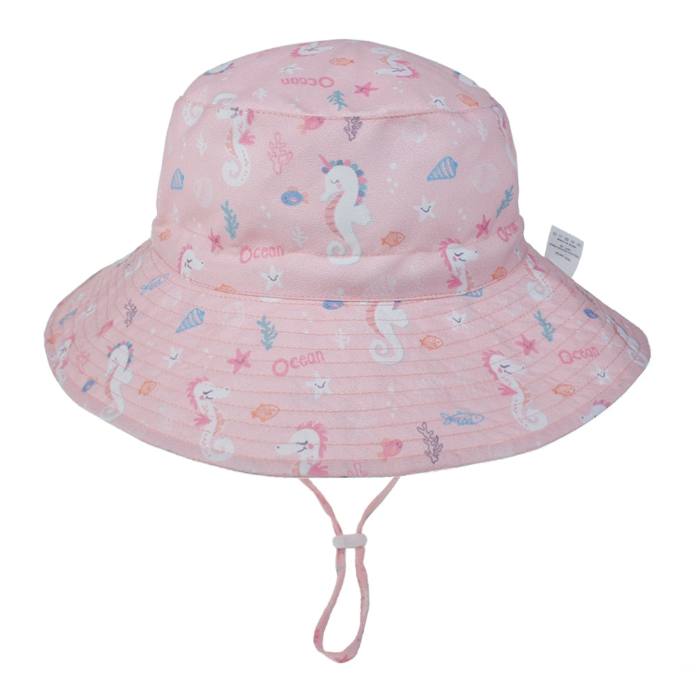 Kids' UV summer hat, pink with ice cream cones, adjustable drawstring, cute design, sun protection