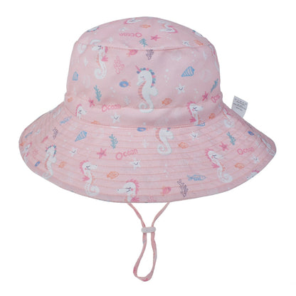 Children's fashion: White sun hat with colorful fish print, adjustable, wide brim for sun safety